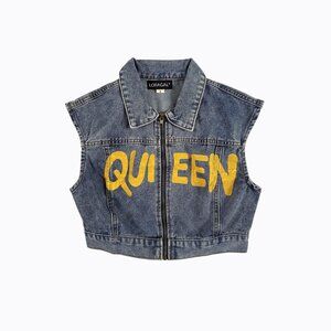 Loragal Cropped Zip-Up Denim Graffiti Queen Vest Sm Hand-Painted Y2K 90s Grunge
